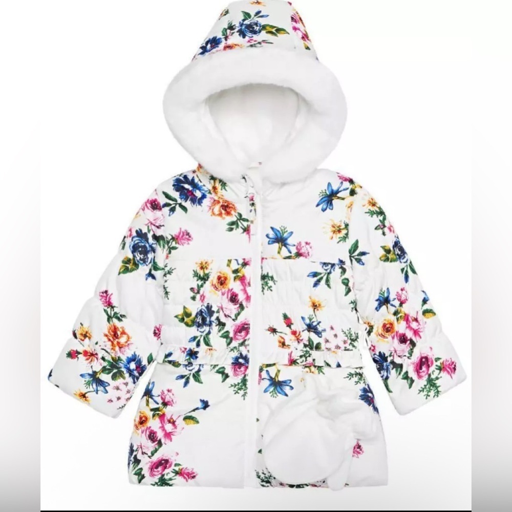 Rothschild Baby Girl Winter White Floral Puffer Coat Gloves 3-6M NWT Coquette